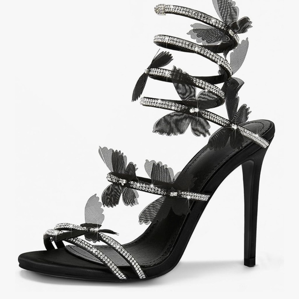 Black Stiletto Heels with Butterfly Accents
